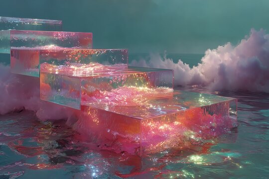 Fantasy Steps Descend into Shimmering Water and Glowing Clouds