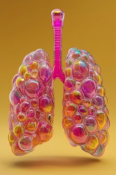 Abstract Lungs Made From Vibrant Iridescent Bubbles on Yellow Background