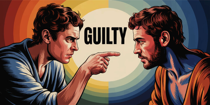 Accusation and guilt concept illustration with two angry men in confrontation, pointing finger, retro pop art psychology poster