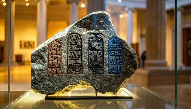 Replica of the Rosetta Stone showcasing ancient Egyptian hieroglyphic, demotic, and Greek scripts side-by-side in a museum exhibit.