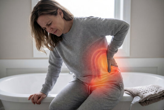 Woman suffering from severe kidney stone pain attack home clutching side and grimacing in bathroom on bathtub for medical healthcare marketing banner