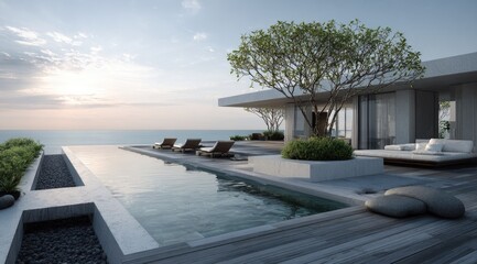Fototapeta premium Luxury modern home with infinity pool overlooking the ocean at sunset