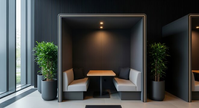 Modern office private meeting booths with comfortable seating tables and interior plants create a contemporary workspace office booth private booth meeting room interior design