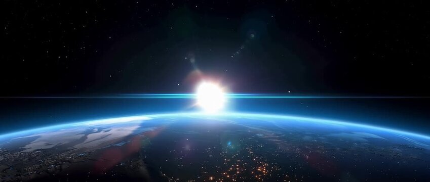 earth sunrise from space, planet horizon, milky way above earth, cosmic dawn, atmospheric glow, sunrise over planet, space horizon view, galaxy arc, celestial panorama, universe background, orbit pers