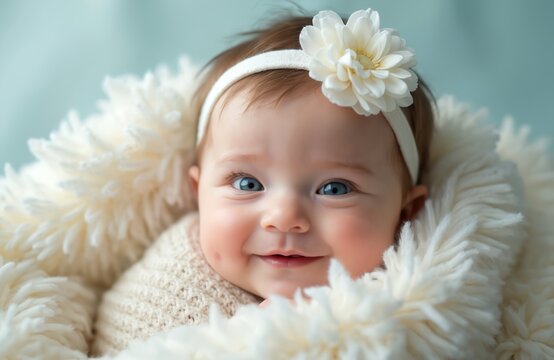 Baby girl with blue eyes smiles sweetly in a soft white blanket. She wears a knitted sweater and headband with a flower. Pastel background adds to her adorable innocence and peaceful charm.