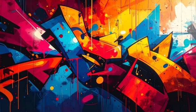 Explosive Urban Symphony: Dynamic Graffiti Art with Bold Geometric Shapes and Colors.
