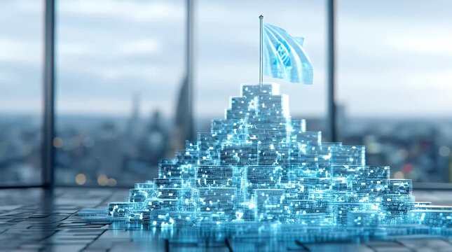 Futuristic digital currency concept featuring a glowing stack of coins forming a city skyline with a waving flag representing global finance and technological innovation