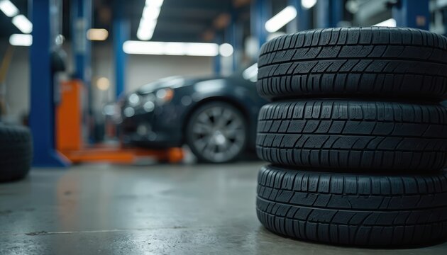 Stacked car tires ready for service. Vehicle on lift in auto repair shop. New rubber wheels await installation. Tire store offers tire options.