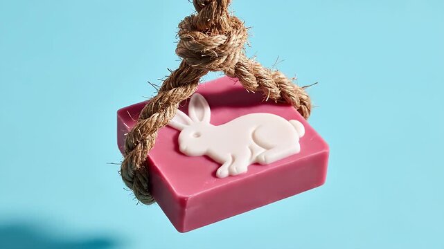 Close-up pink soap bar with a white heart design hanging by a rope against a bright blue background