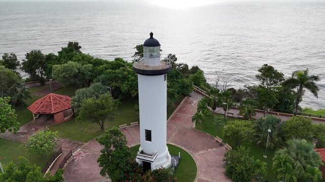 Top down aerial view of Rincon lighthouse and circular plaza Puerto Rico