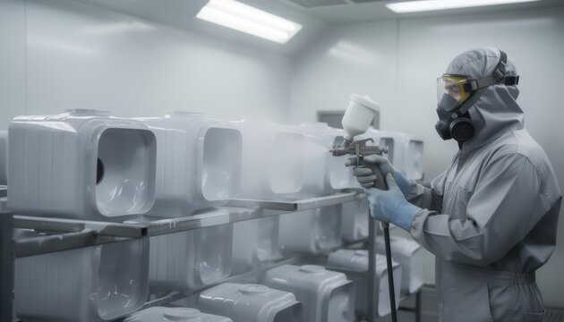 Medium shot capturing polyurethane coating application on casings highlighting the glossy flexible finish for advanced corrosion protection in a clean spray booth.