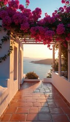 Obraz premium White building balcony with pink bougainvillea overlooks calm sea at sunset. Sunlight shines on terracotta tiles, white pillars, creating peaceful island atmosphere. Distant hills meet horizon under