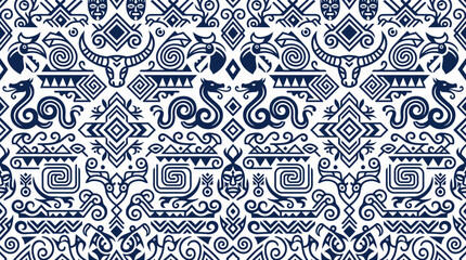 Seamless blue and white ornamental geometric tile pattern with arabesque motifs and floral accents. © Auhaz