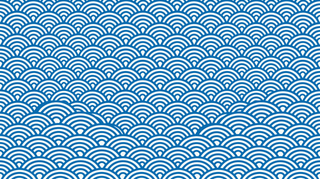 Blue seamless Japanese wave pattern background with repeating arcs.