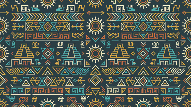 Colorful tribal geometric textile pattern featuring pyramids and suns.