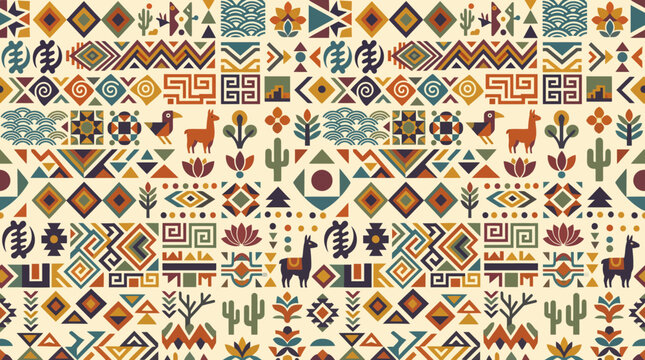 Seamless Southwestern tribal textile pattern with llamas and cacti.