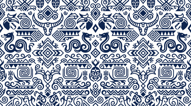 Seamless blue and white ornamental geometric tile pattern with arabesque motifs and floral accents.
