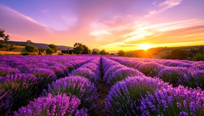 Fototapeta premium Vibrant Lavender Rows Under a Dramatic Purple and Gold Sunset Sky
