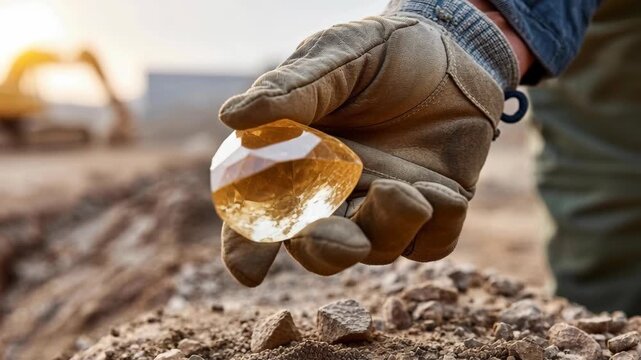 A gloved hand picks up a large, yellow gemstone from the rough dirt at a mining site.