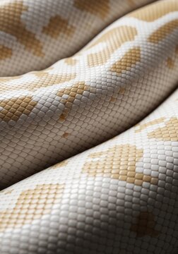 Close up of albino python snake skin texture. Detailed macro view of reptile scales with yellow and white pattern. Natural biology background showing organic geometric animal skin.