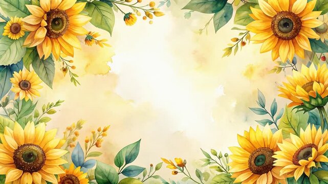 Sunflower floral frame with bright yellow blooms and green leaves surrounding soft background