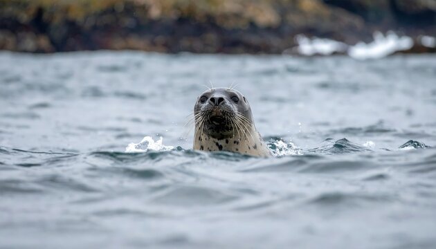 Curious harbor seal peeking its head above choppy grey ocean waves, whiskers wet