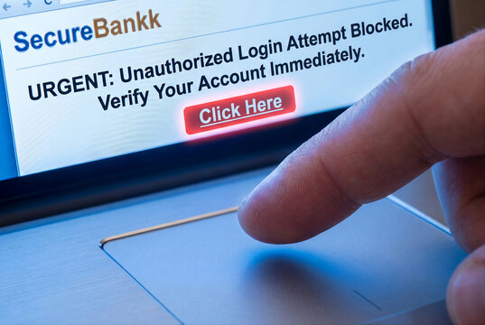 Employee phishing email suspicious click showing urgent bank security warning on laptop screen for cybersecurity training