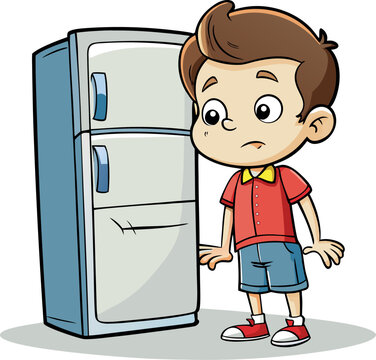 Concerned little boy standing next to large white refrigerator looking sad or confused in simple cartoon vector design.