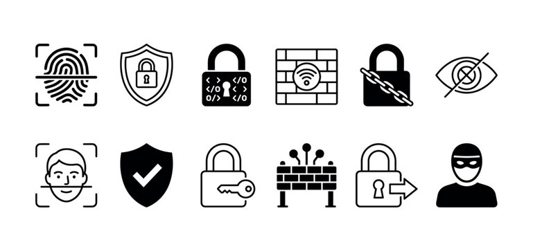 Comprehensive collection of digital security and privacy icons is presented in a clean, modern black and white style, illustrating various concepts of data protection and access control