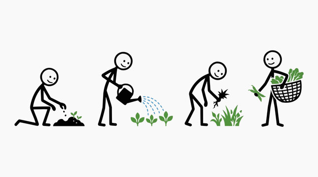 Four stick figures engage in the process of gardening, from planting a seed to harvesting vegetables. This sequence captures the essence of nurturing life from beginning to end