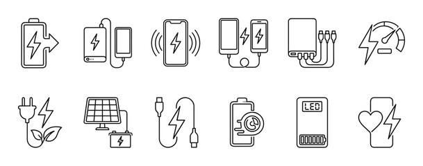 Fototapeta premium Outline vector icons illustrating various aspects of electricity, charging, and power management for modern electronic devices, presented in a clean and minimalist line art style