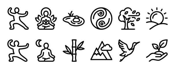 Fototapeta premium Collection of black outline spiritual nature and wellness icons depicting yoga, meditation, natural elements, and symbolic concepts in a clean, minimalist style