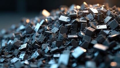 Obraz premium Pile of shiny dark metal scrap parts and fragments. Jagged pieces of waste material from industry. Close up of recycled steel cubes and shavings.
