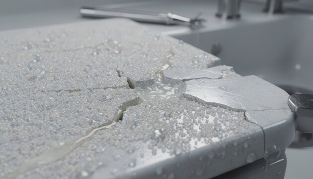 Medium shot inside a lab sink environment displaying experimental selfhealing enamel with microcapsules actively repairing small chips after controlled abrasion tests.