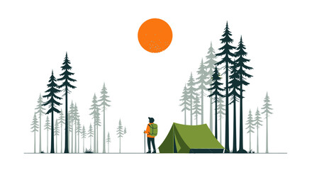 Hiker with backpack and tent in forest under sun. © Caket