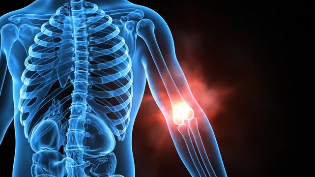 Visual depiction of human skeletal system highlighting joint pain and inflammation in limbs