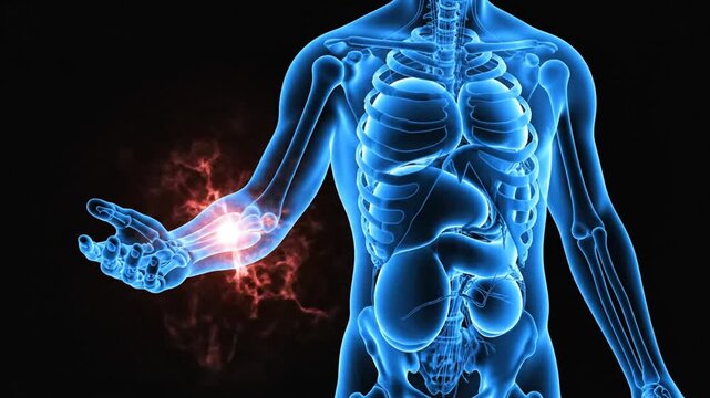 Digital illustration highlighting human skeletal system with focus on joint inflammation and nerve pain in the arms