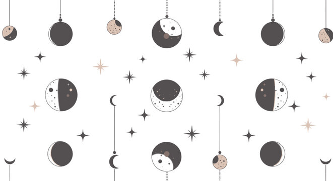 Whimsical celestial moon phases and stars seamless pattern design.