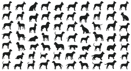Large collection of black dog silhouettes in different breeds and poses © Caket