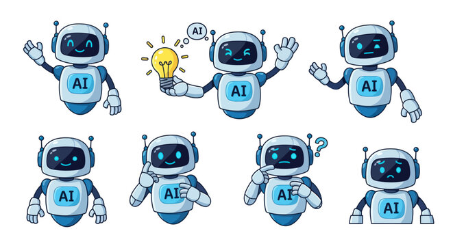 Cute AI robot character set with various expressions and actions.