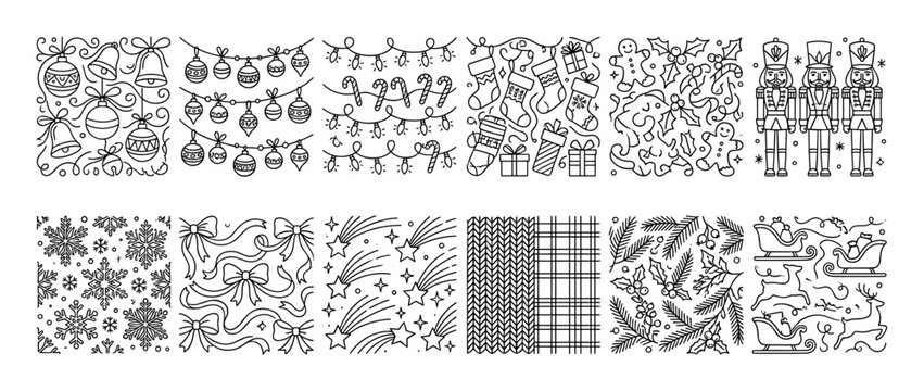 Various black outline Christmas and winter holiday elements form line art patterns, featuring ornaments, lights, gifts, holly, nutcrackers, snowflakes, and sleighs, in a clean doodle vector style