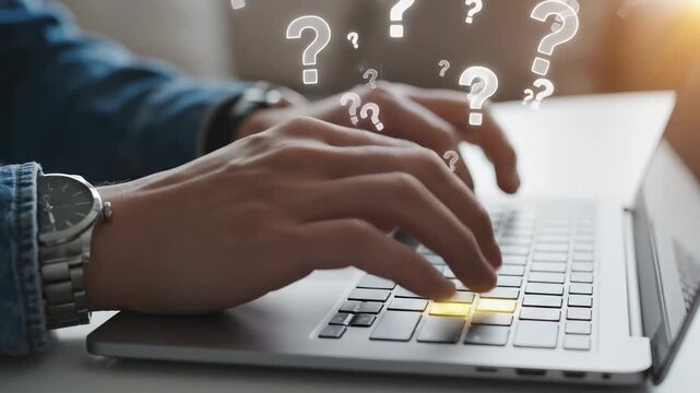 Searching for Answers Online with Hands Typing on Laptop Keyboard for Customer Support and FAQ.