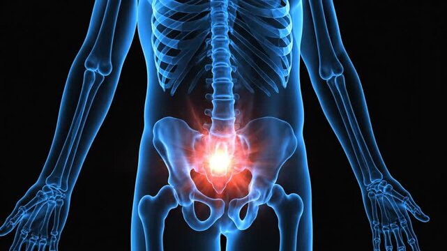 detailed visualization of human skeletal system highlighting pelvic region and lower back pain areas