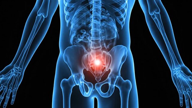 HD digital visualization of human pelvic bones and internal organs highlighting joint and bone structures
