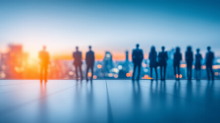Fototapeta premium Blurred business people standing before a city view representing corporate teamwork, leadership presence and the future of strategic decision making. 