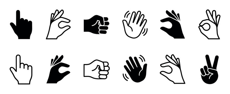 Twelve diverse black and white hand gesture icons are arranged in a grid, illustrating common human communication signals and expressions in a clean, graphic style