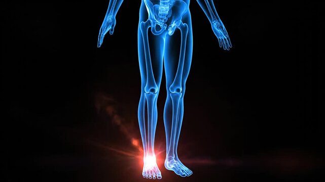 Dynamic visualization of human skeletal structure highlighting joint pain points with glowing effect