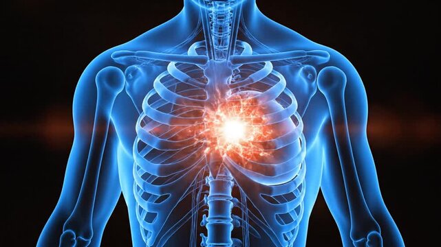 visual representation of human thorax with illuminated chest area highlighting internal organs and skeletal structure in a