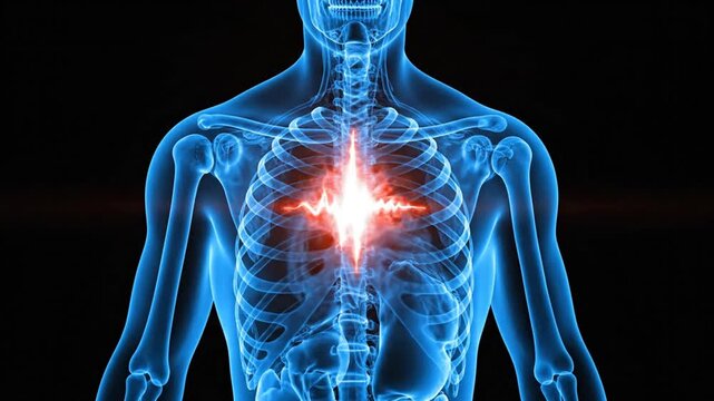 Dynamic visualization of human skeletal system with highlighted cardiovascular activity in neon blue and red highlights in chest
