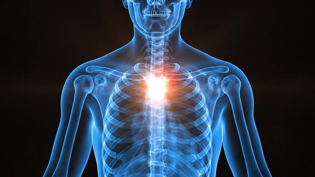 Dynamic visualization of human thorax highlighting skeletal and organ activity in a sequence of medical imaging frames